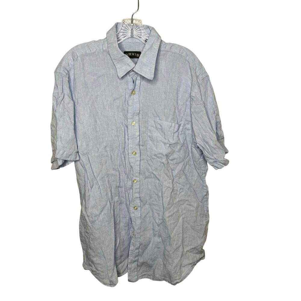 Orvis Mens Linen Button Front Shirt L Blue‎ Short Sleeve Casual Lightweight